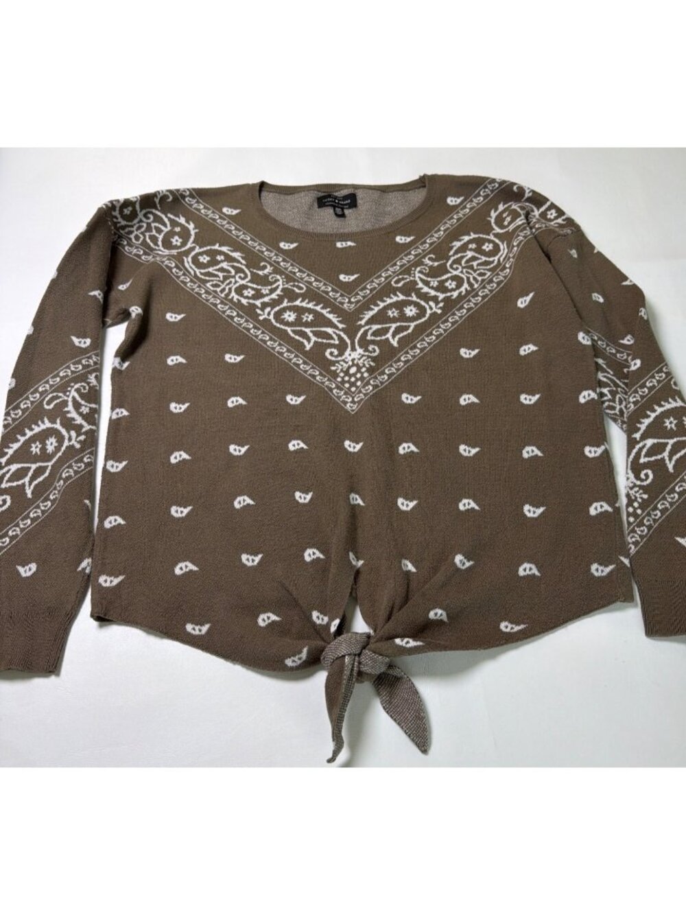 Lucky Brand Intarsia tie front sweater Bandana Olive Pullover Casual, Medium - Picture 7 of 7